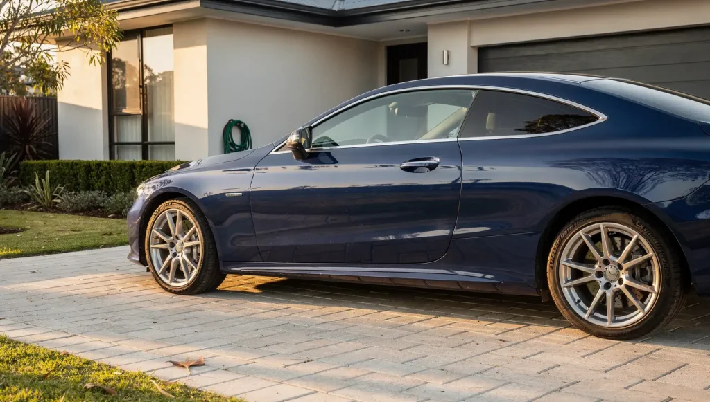 Freshly detailed deep-blue coupe with mirror-gloss finish on a Perth paver driveway.