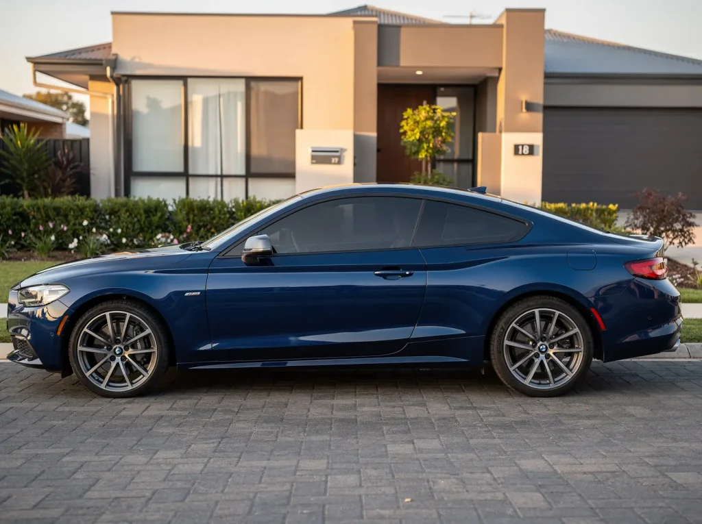 Freshly detailed deep-blue coupe on paver driveway outside modern Perth home.