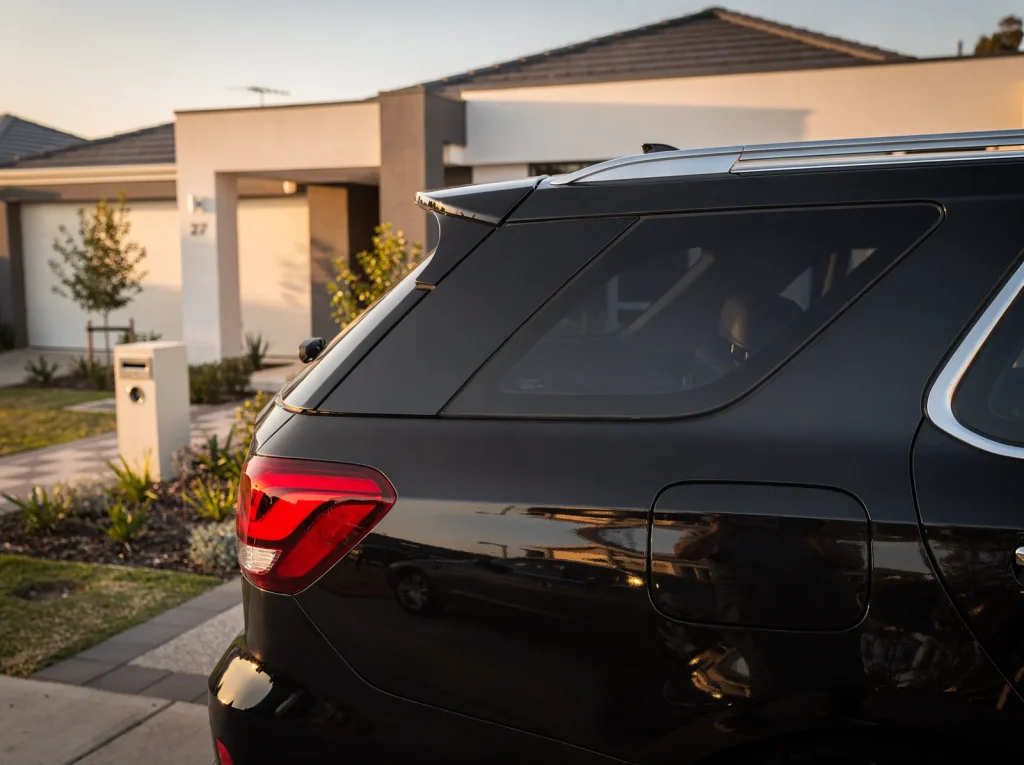 Detailed luxury SUV rear three-quarter with glossy paint and bright taillights at golden hour in Perth.