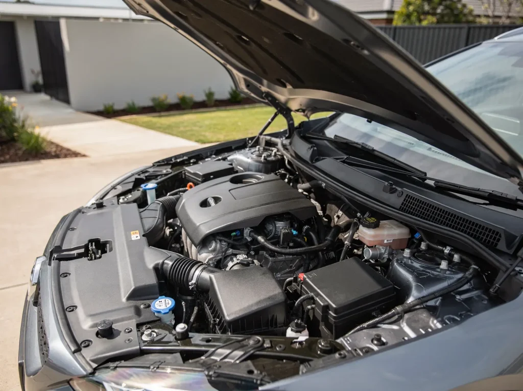 Freshly detailed car engine bay with satin-black covers and clean fittings in Perth.