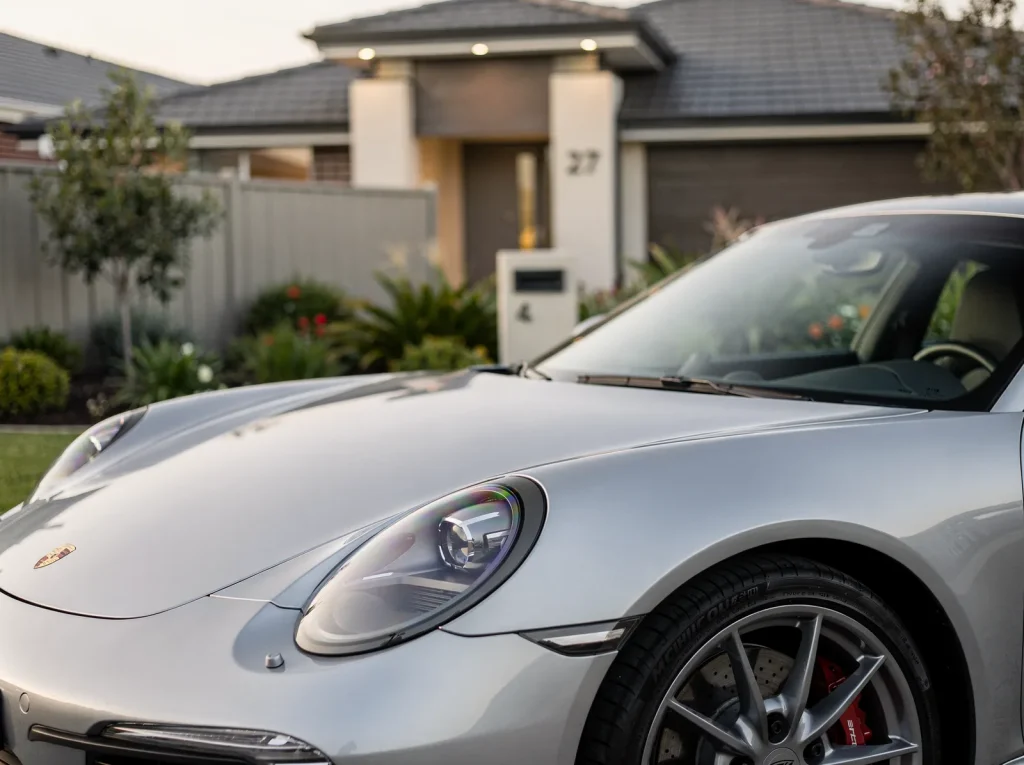 Freshly detailed metallic-silver Porsche 911 hood with mirror-gloss swirl-free clear coat, Perth.