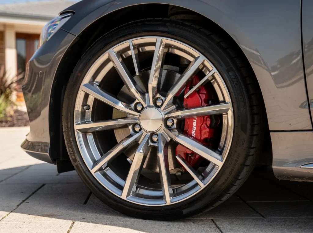 Freshly detailed alloy wheel with polished spokes and red brake calliper, Perth car detailing.