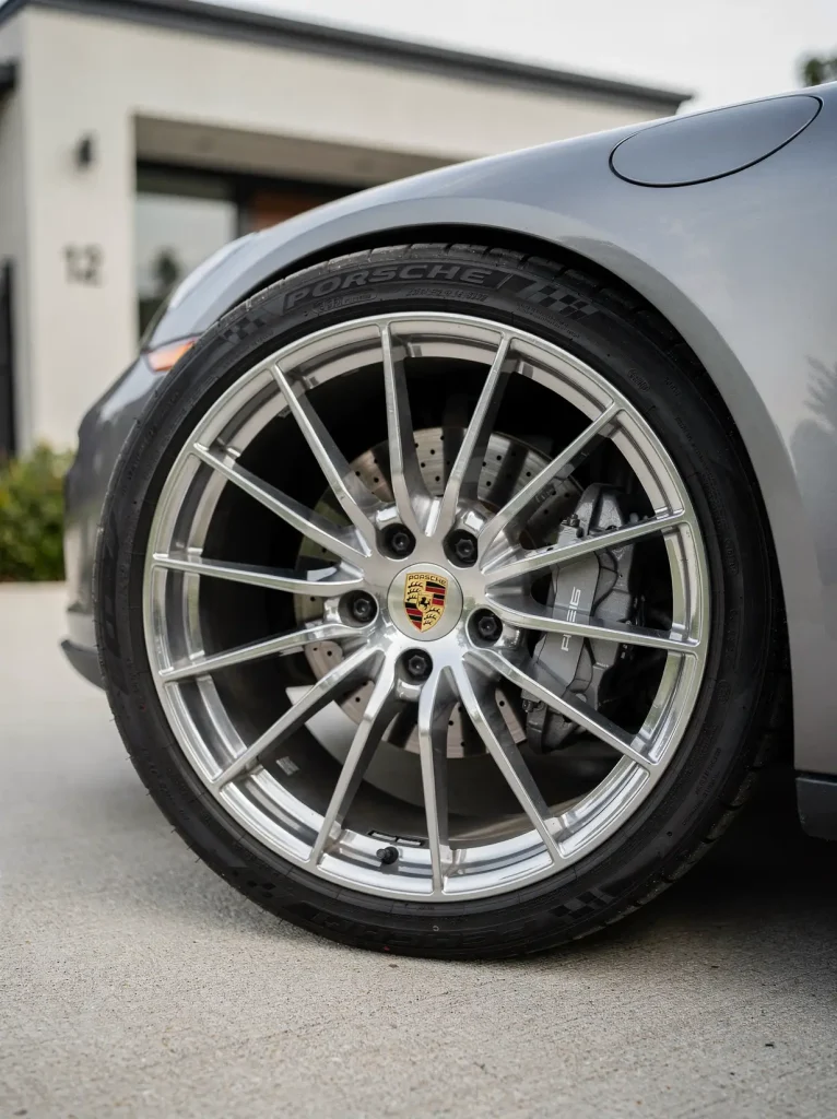 Freshly detailed Porsche alloy wheel with polished rim and body-coloured caliper, Perth car detailing.
